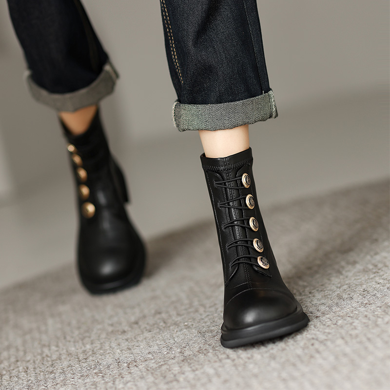 真皮英伦风马丁靴秋冬季厚底粗跟后拉炼 炼 徽章扣短靴女弹力瘦瘦