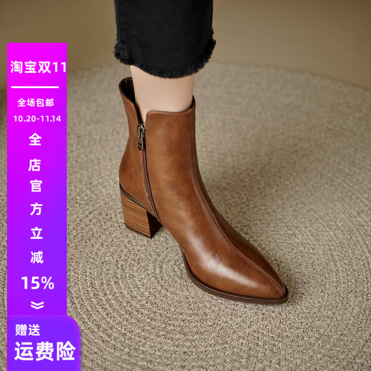 法式复古尖头粗跟短靴女单靴2025秋冬款英伦风高跟显瘦马丁靴大码