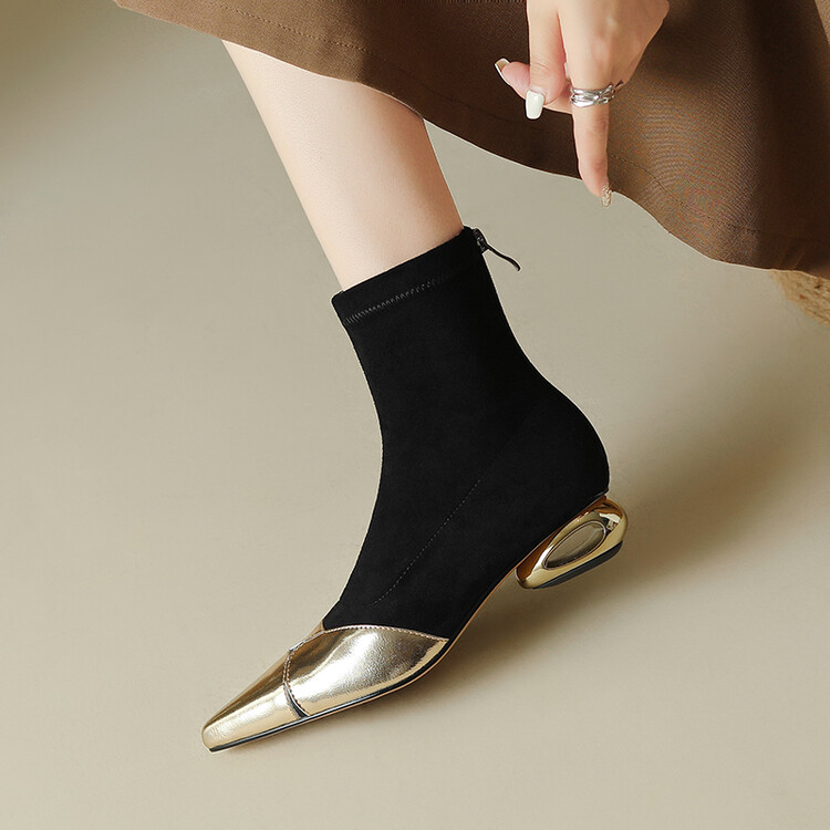 法式覆古小短靴女2025秋冬小香风拼色异形跟尖头瘦瘦靴百搭弹力靴