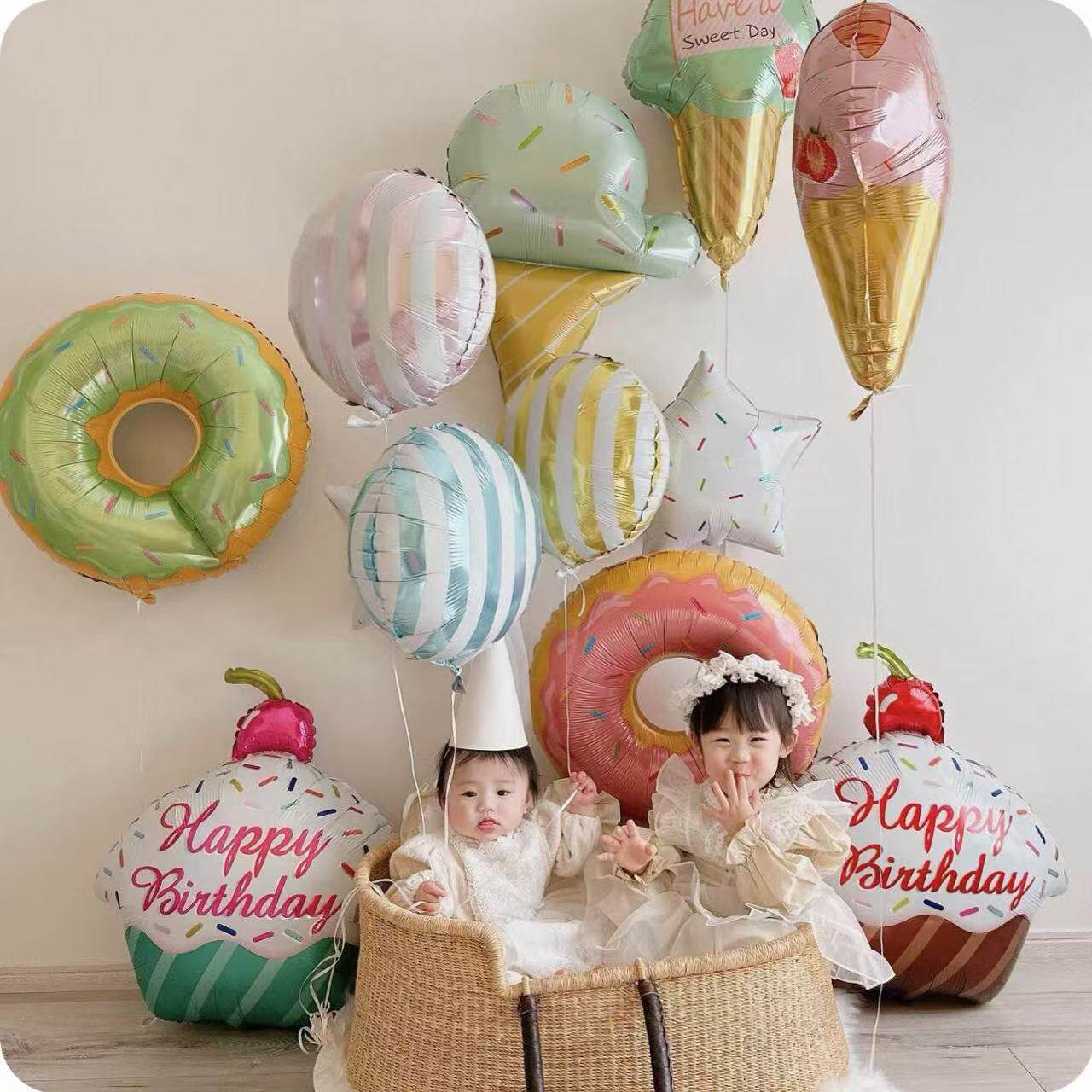 天鹅甜甜圈气球太阳生日派对门店装饰气球铝箔夏季冰淇淋三层蛋糕