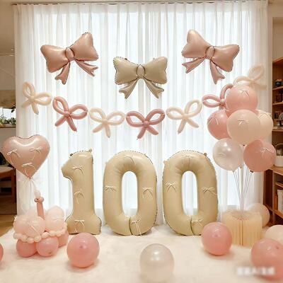 女孩粉色ins宝宝百天韩系奶油色生日布置装饰气球派对背景墙拍照