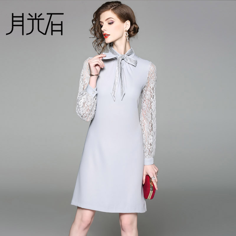 月光石女立领长袖镂空蕾丝修身连衣裙AL8715