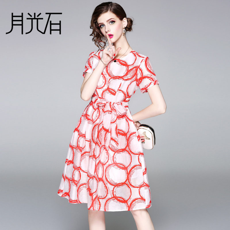 月光石女装新款时尚气质圆圈印花亚麻圆领修身A字裙连衣裙AL8835