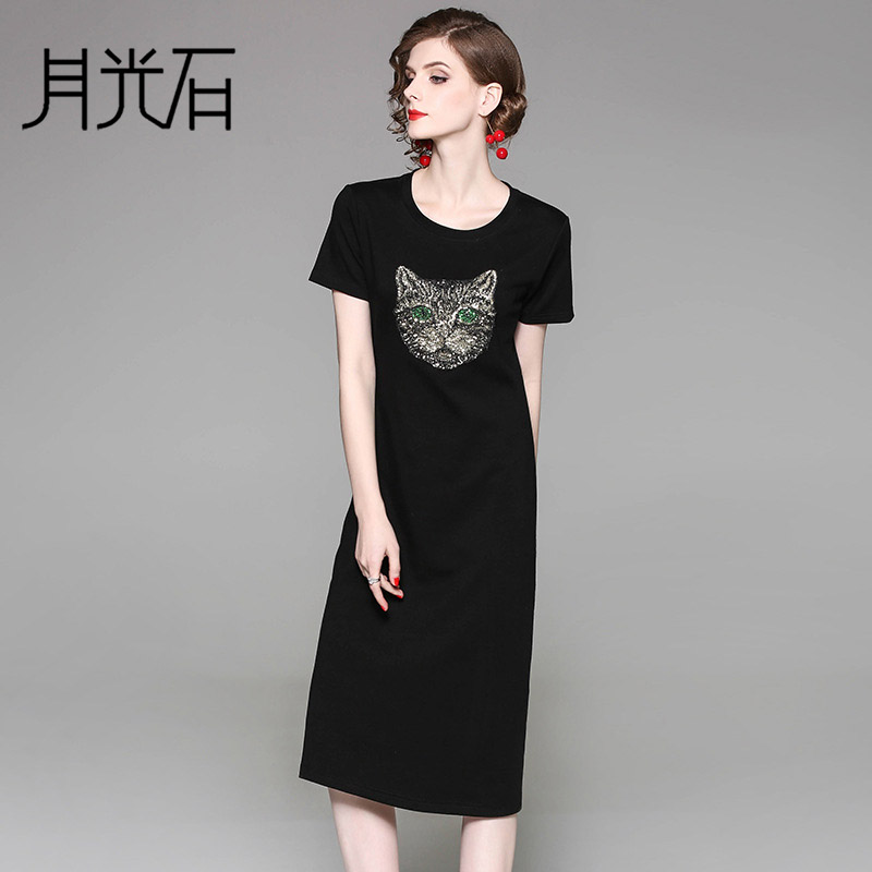 月光石女装新款修身显瘦圆领亮片花猫图案气质连衣裙WM10046