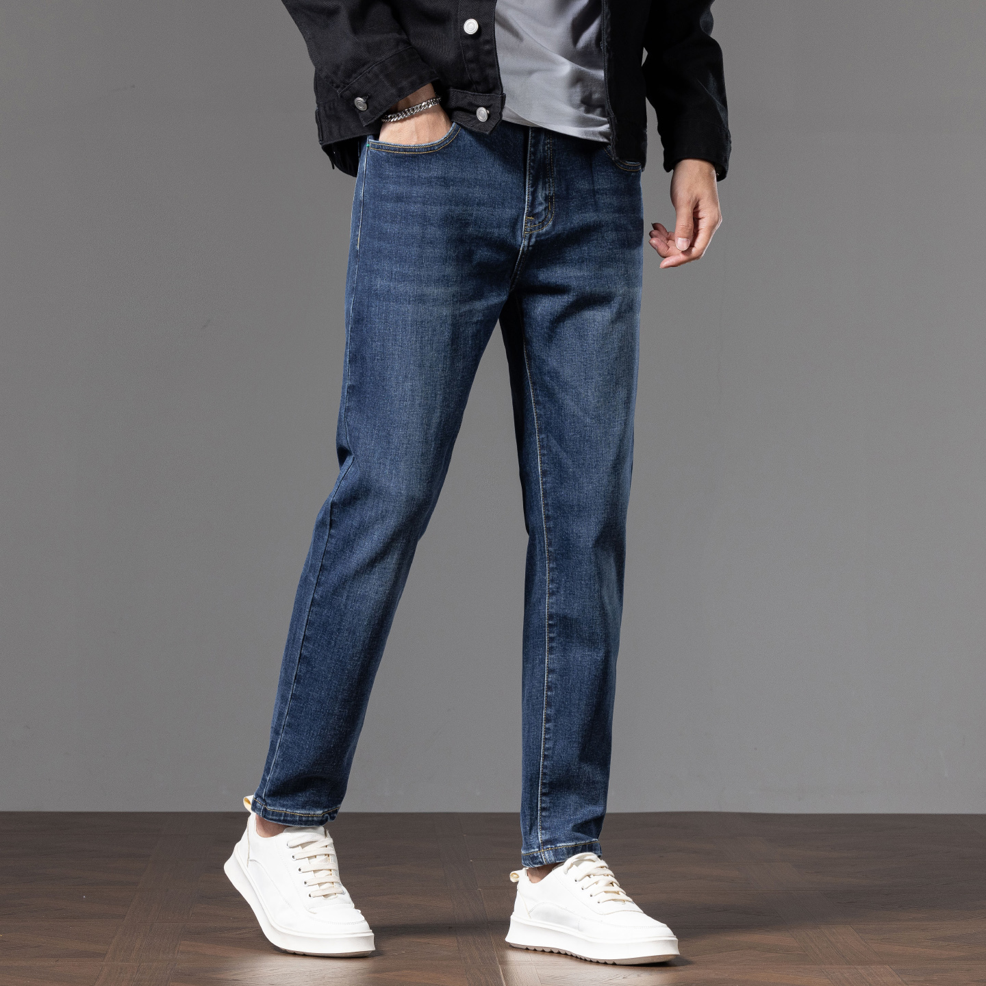 2025春秋新款九分牛仔裤男士修身小脚小个子显高百搭蓝色弹力男裤