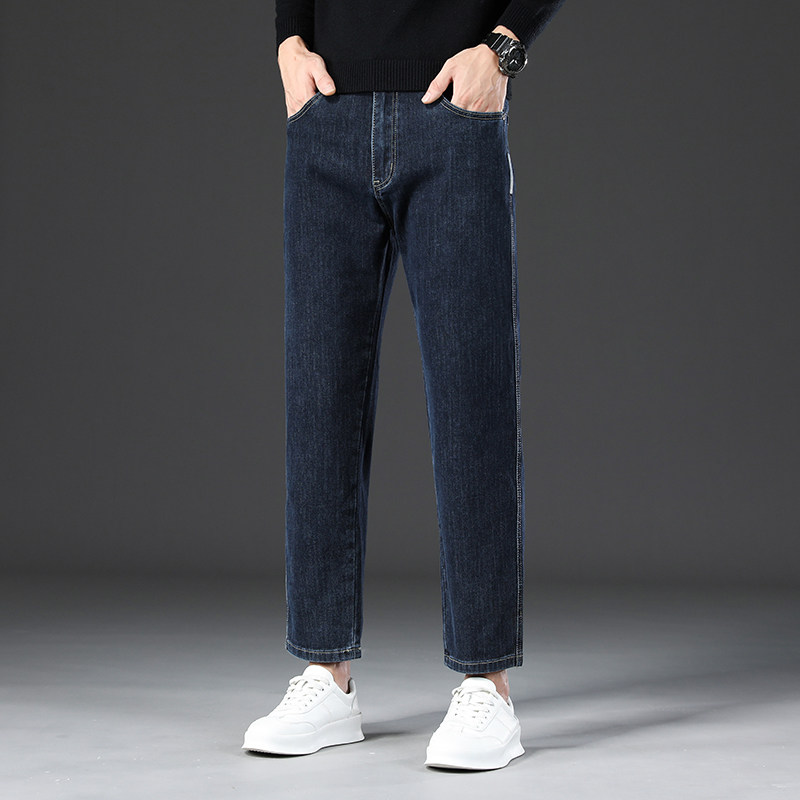 九分牛仔裤男士宽松直筒冬季加绒加厚矮个子高腰大码弹力春秋男裤