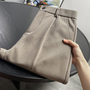 毛呢九分裤男秋冬厚款修身小直筒西裤小个子宽松高级感休闲裤男士