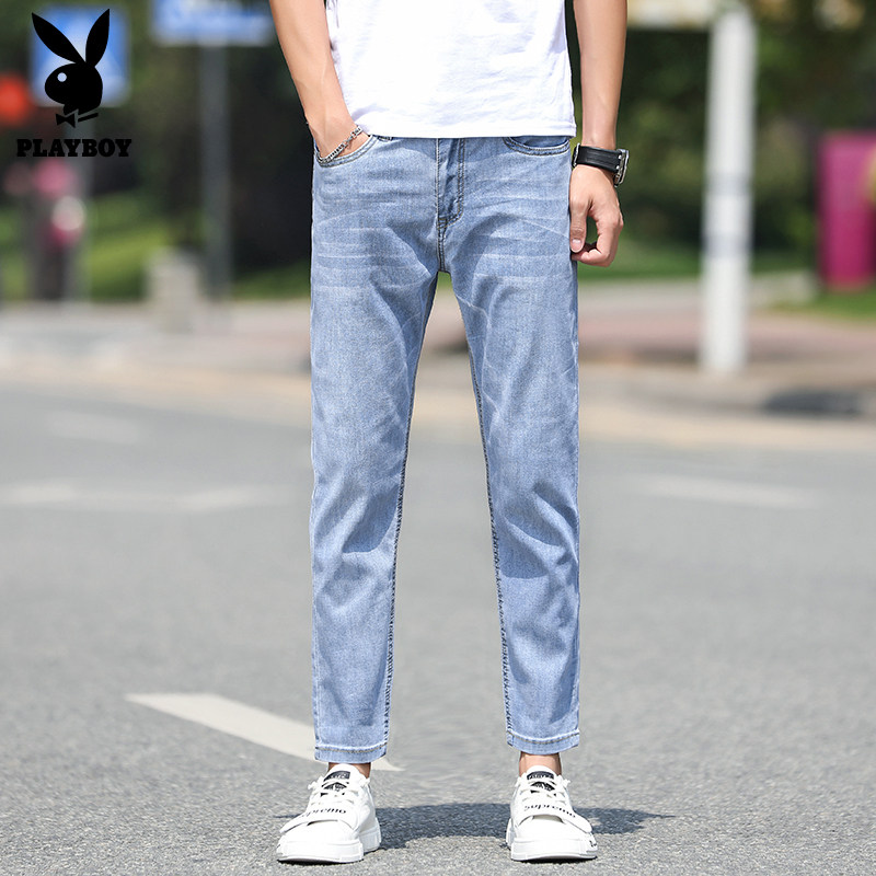 PLAYBOY夏季薄款九分牛仔裤男修身直筒小个子浅蓝色弹力男士裤子