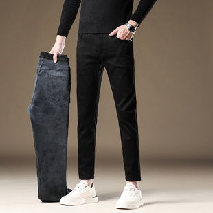 加绒加厚黑色九分牛仔裤男款修身小脚小个子显高弹力保暖秋冬男裤
