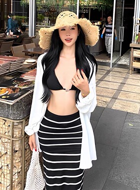 海边度假风性感辣妹条纹长裙比基尼小胸显瘦白色衬衫外搭泳衣套装