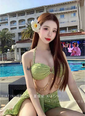 泳衣女性感绑带比基尼三件套ins分体游泳衣小胸聚拢链条纯欲度假