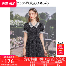 新款 花儿开了2024夏季 公主仙女短裙 复古波点V领钉珠连衣裙泡泡袖