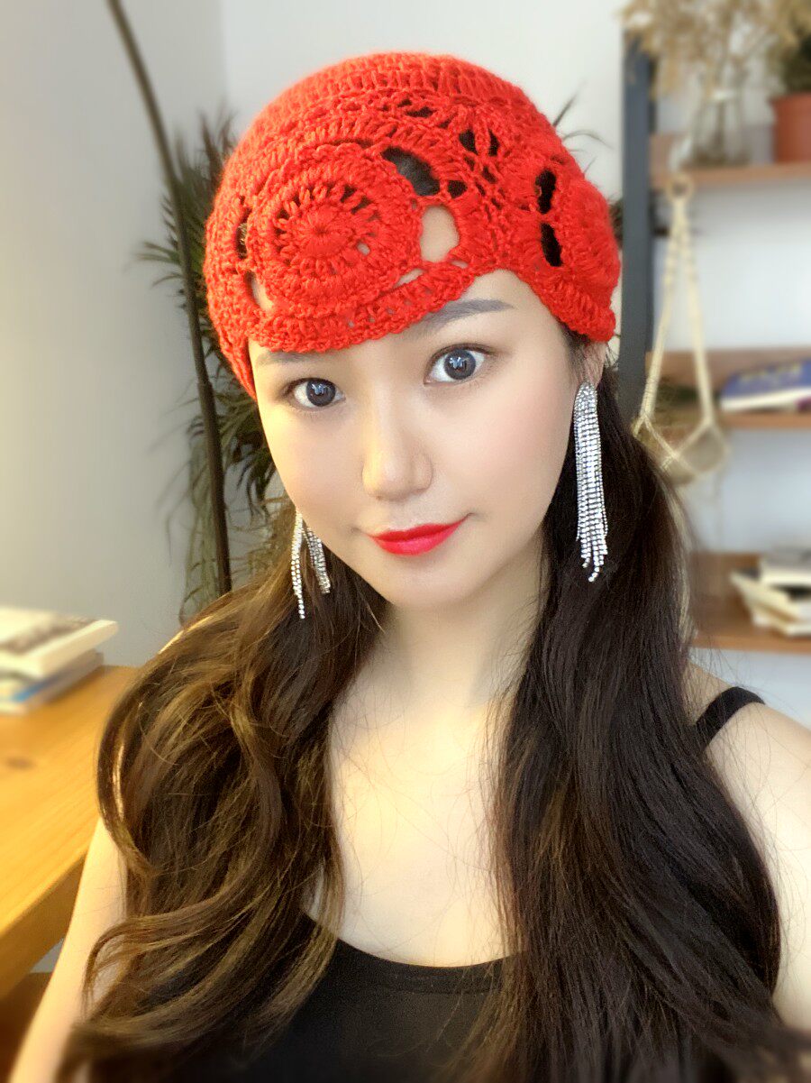 四季针织毛线帽子毛线瓜皮帽时髦包头帽手工编织蕾丝花边镂空