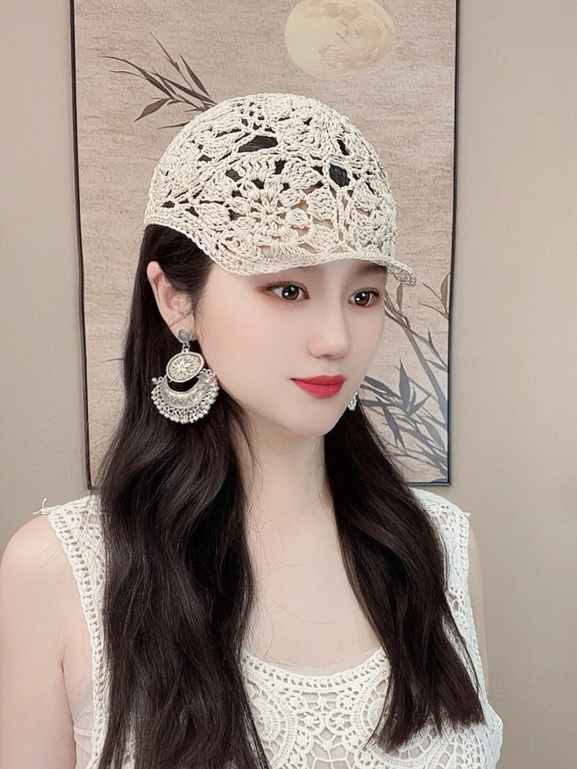 2026复古港风春夏帽子手工编织亚麻女士钩花遮阳帽透气镂空鸭舌帽