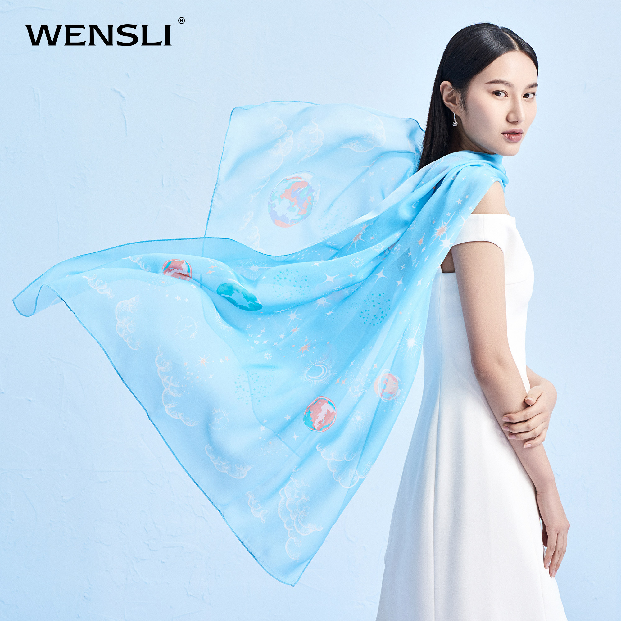 Wensli/万事利夏季真丝披肩纱巾女士丝巾两用时尚沙滩巾-璀璨星辰在类目 服饰配件/皮带/帽子/围巾, 围巾/丝巾/披肩中 - 来自Buy2taobao.com提供专业的淘宝代购服务