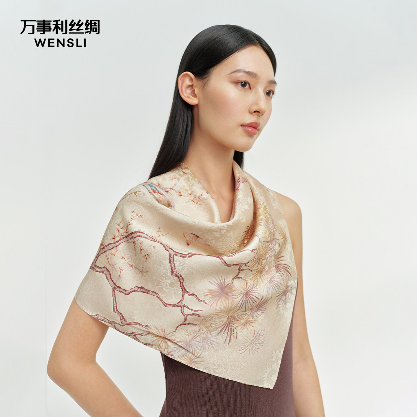 万事利26春夏新品重磅提花真丝丝巾印花卷边围脖女礼盒装花鹊吟