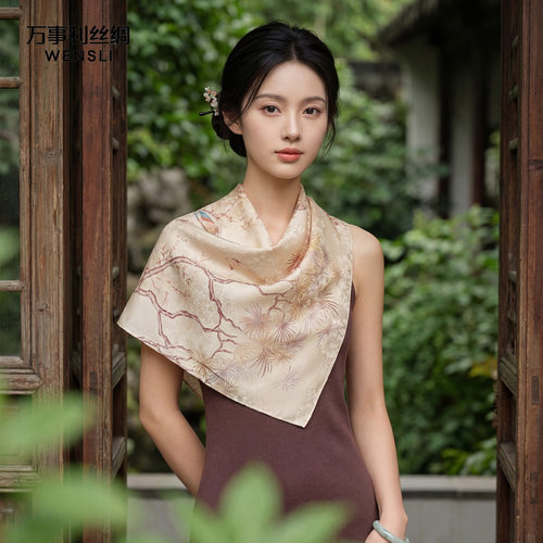 万事利26春夏新品重磅提花真丝丝巾印花卷边围脖女礼盒装花鹊吟