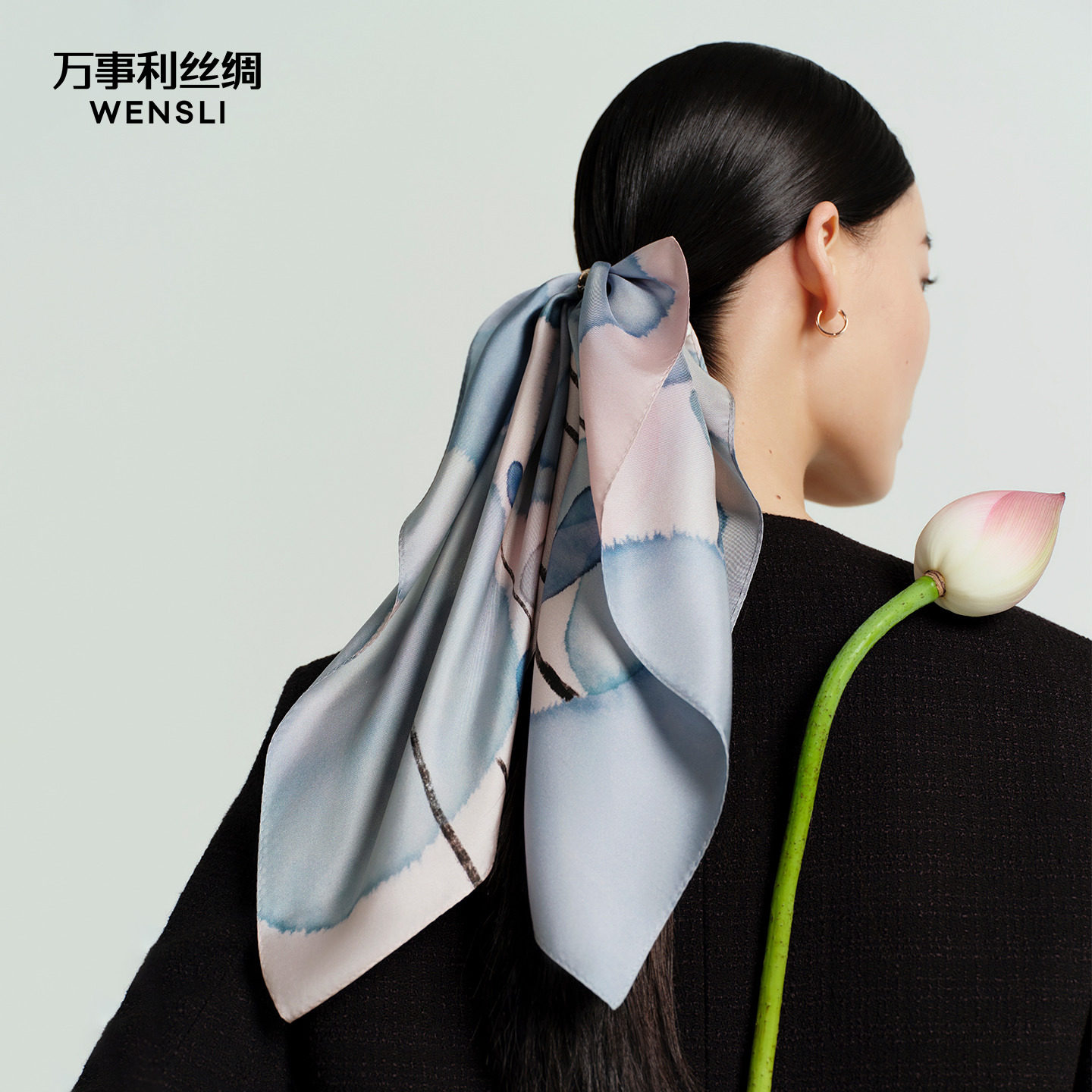 万事利水墨风格100%桑蚕丝真丝丝巾印花中方巾头巾送礼 荷和美美