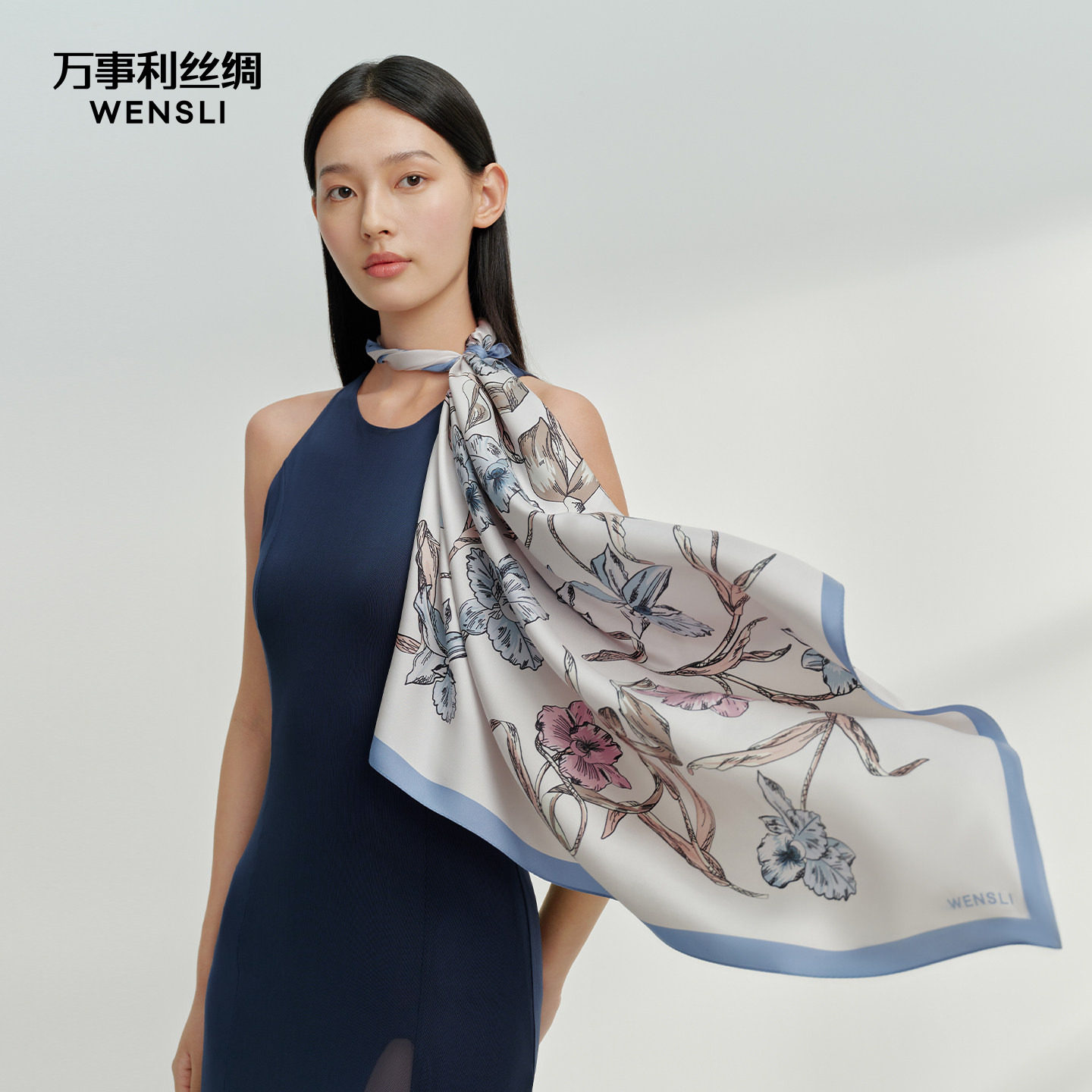 万事利26春夏新品真丝丝巾大方巾双面印花卷边围脖精致礼盒拂花枝