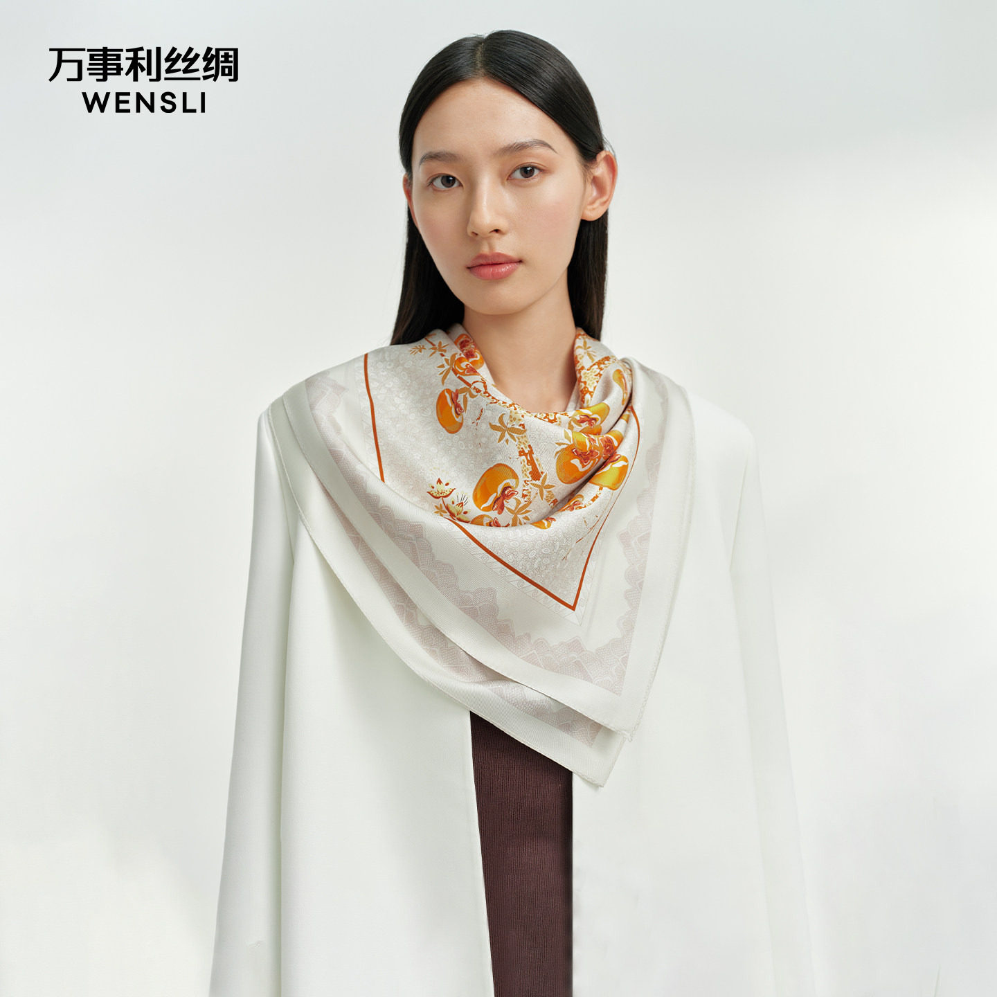 万事利26新品真丝丝巾国风卷边大方巾围脖披肩女礼盒装柿柿如意