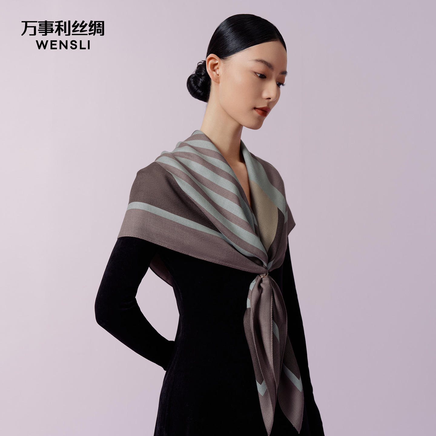 万事利秋冬新款丝羊毛围巾真丝绵羊毛保暖双面印花围巾-曲的圣礼