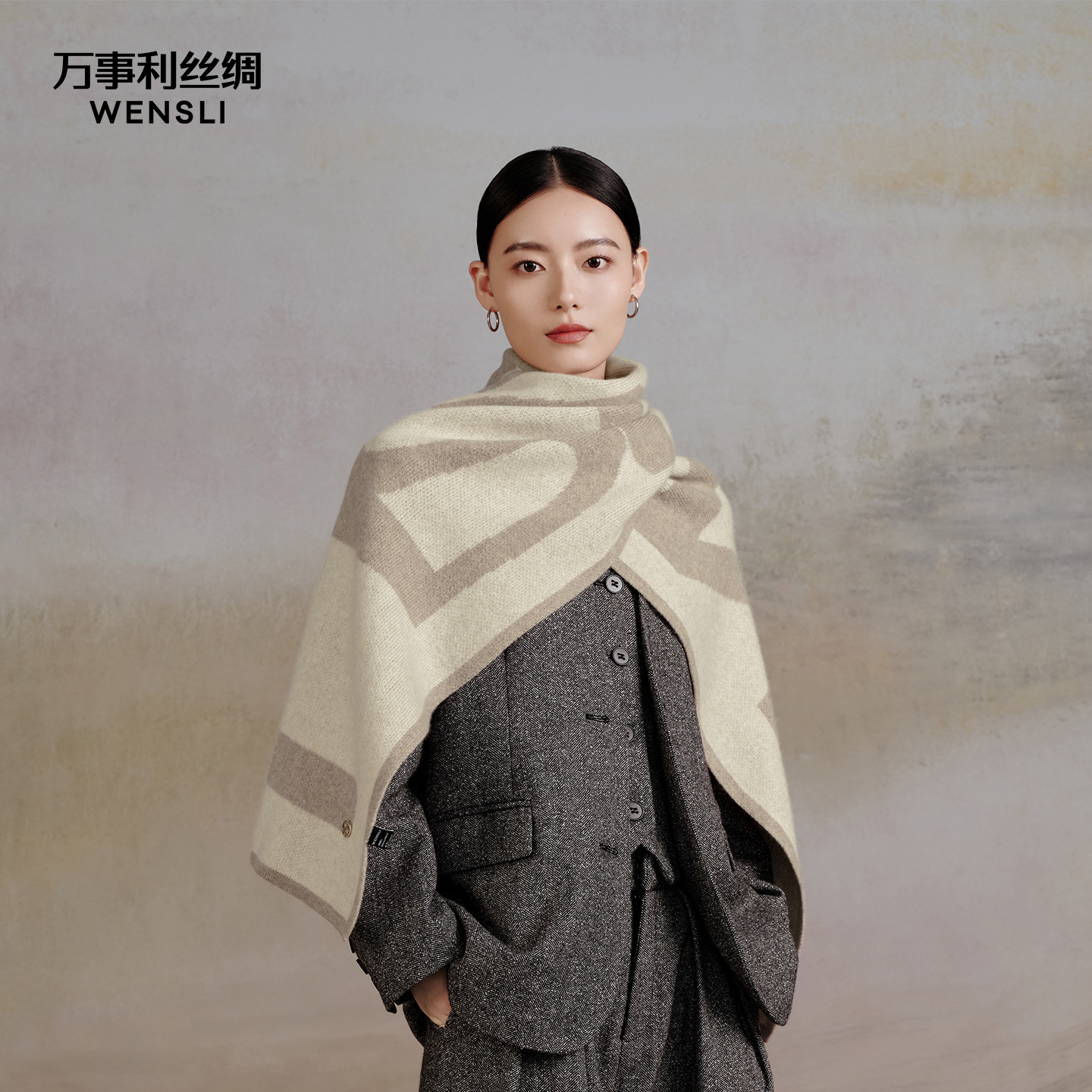 万事利新款纯羊毛围巾女秋冬保暖加厚针织围脖披肩高级感-W大世界