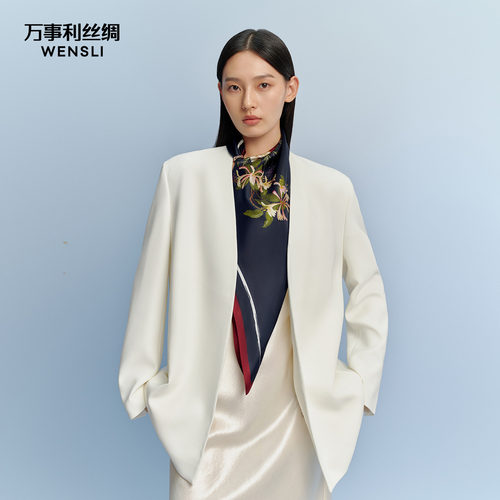 万事利26春夏新品丝巾75cm中方巾披肩围脖女送妈妈礼物白夜玫瑰