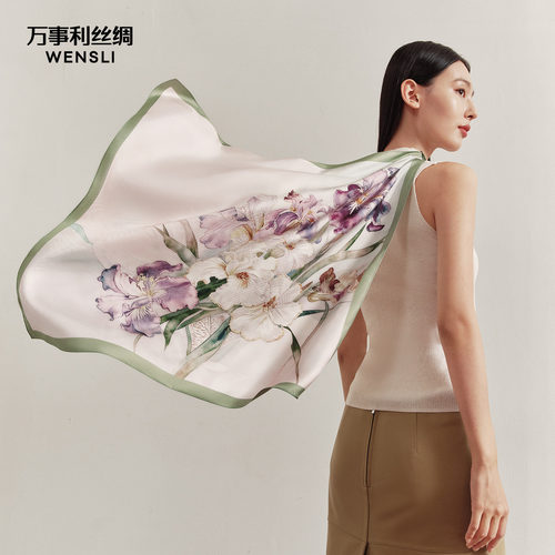 万事利新品100%桑蚕丝真丝丝巾女友妈妈双面印花63cm中方巾染烟霞