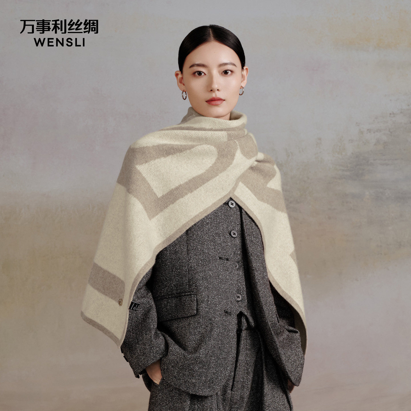 万事利新款纯羊毛围巾女秋冬保暖加厚针织围脖披肩高级感-W大世界