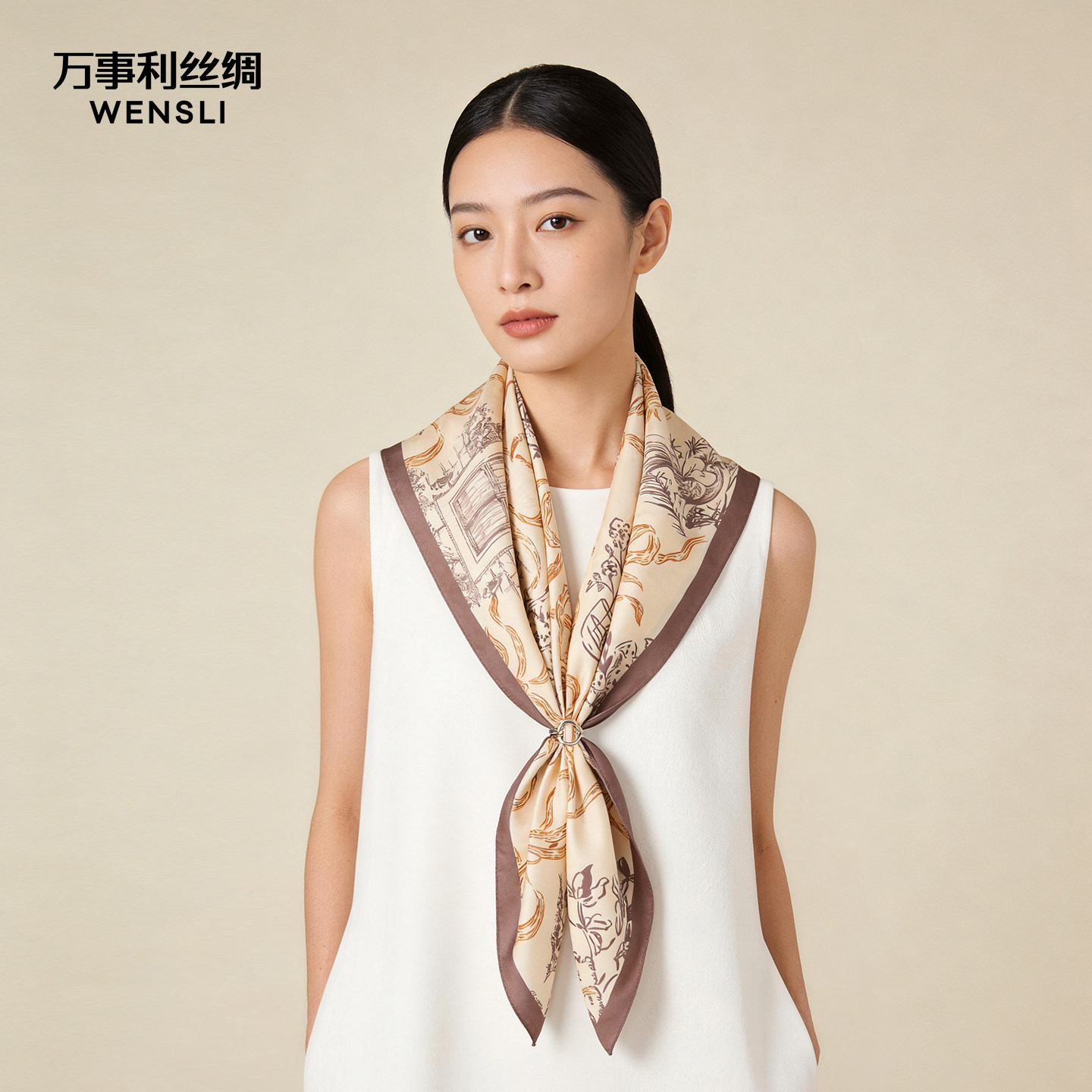 万事利春夏新品100%桑蚕丝真丝丝巾时尚百搭女妈妈礼物-田园绘