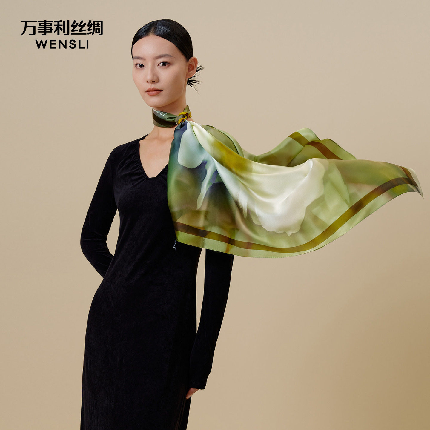 万事利新品真丝丝巾女100%桑蚕丝节日送礼双面印花大方巾-挽朝霞