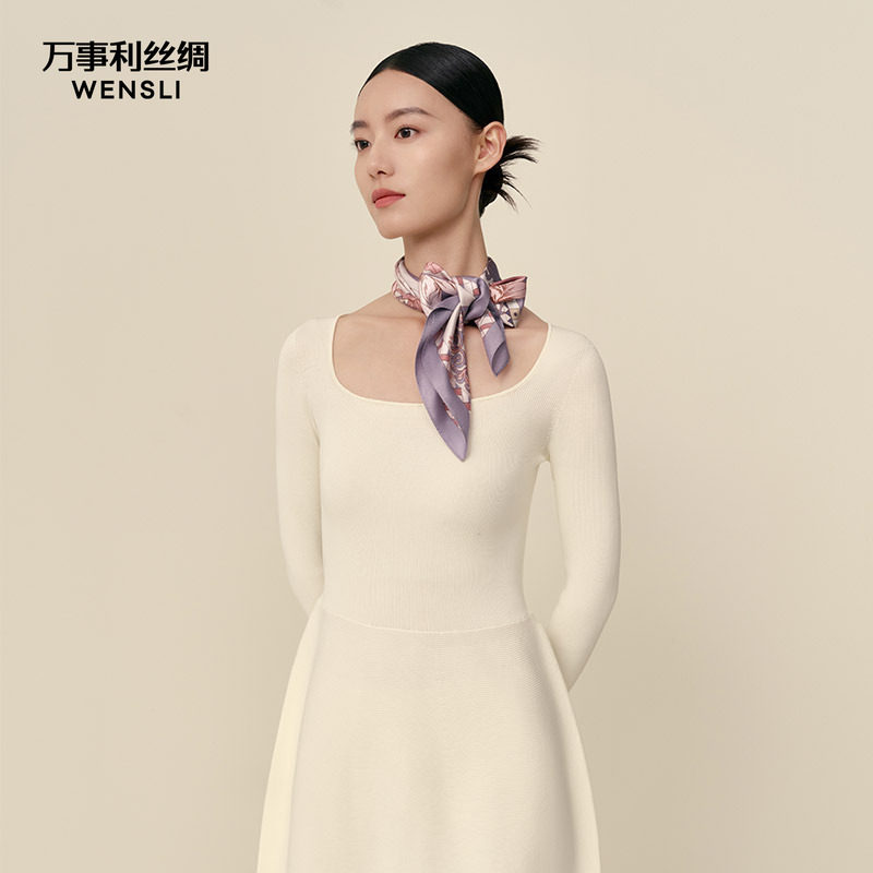 万事利新品100%桑蚕丝真丝丝巾节日礼物送礼双面印花中方巾玉兰阁