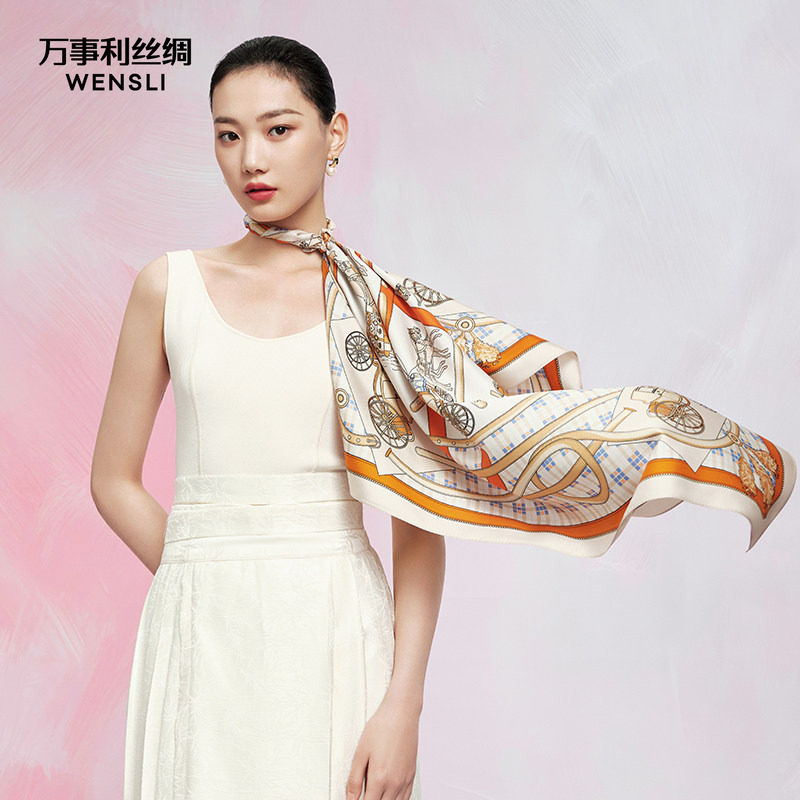 万事利新品100%桑蚕丝真丝丝巾欧式链条印花方巾88cm绣马金车