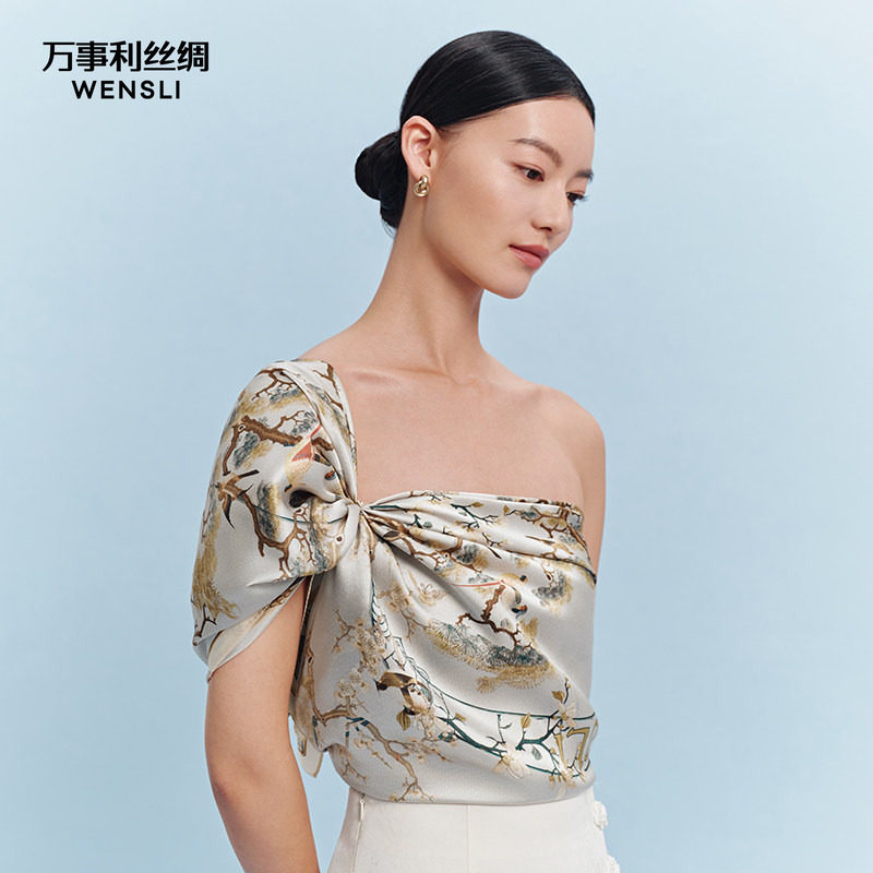 万事利年度新品真丝丝巾双面印花88cm大方巾女生礼物归燕衔春