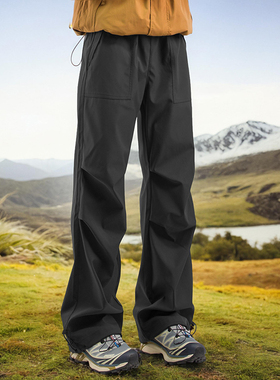 xhh春季新款黑色户外冲锋裤子男软壳防风运动裤徒步登山裤工装裤