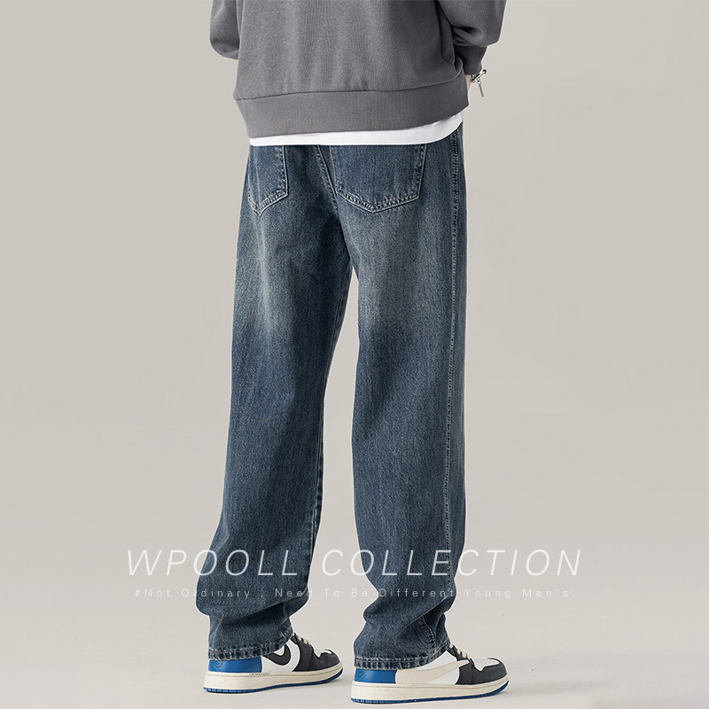 美式高街水洗复古蓝色加绒牛仔裤男士秋季潮牌宽松直筒阔腿长裤子