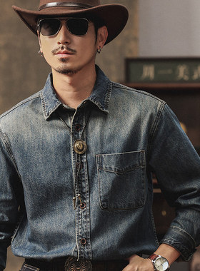 美式复古纯棉衬衣松弛感做旧蓝色牛仔衬衫男秋季新款水洗长袖外套
