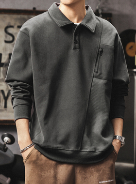 美式重磅长袖POLO衫男日系设计感痞帅翻领卫衣男款高级感翻领上衣