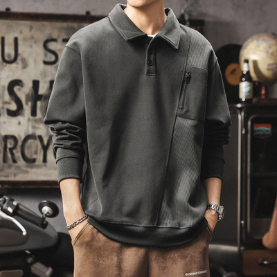 美式重磅长袖POLO衫男日系设计感痞帅翻领卫衣男款高级感翻领上衣