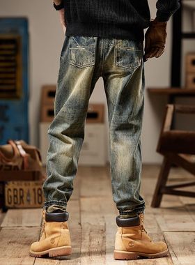 美式复古男士牛仔裤2025新款秋冬季直筒宽松潮牌做旧休闲工装裤子