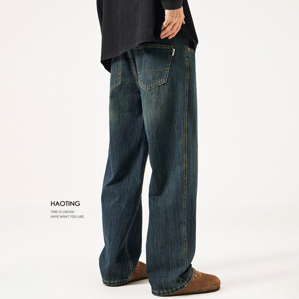 豪霆.复古水洗宽松直筒cleanfit牛仔裤男士秋冬加绒休闲阔腿长裤
