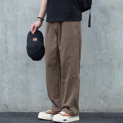 春季新款纯棉工装休闲裤男日系复古水洗做旧宽松百搭阔腿直筒裤子