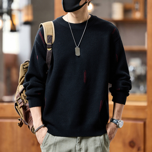 高端轻奢重磅柔软圆领针织毛衣男秋季潮流百搭慵懒风宽松休闲卫衣