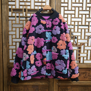 女秋冬宽松大码 保暖新立体剪裁 女外套上衣双层厚实毛圈圈服中长款