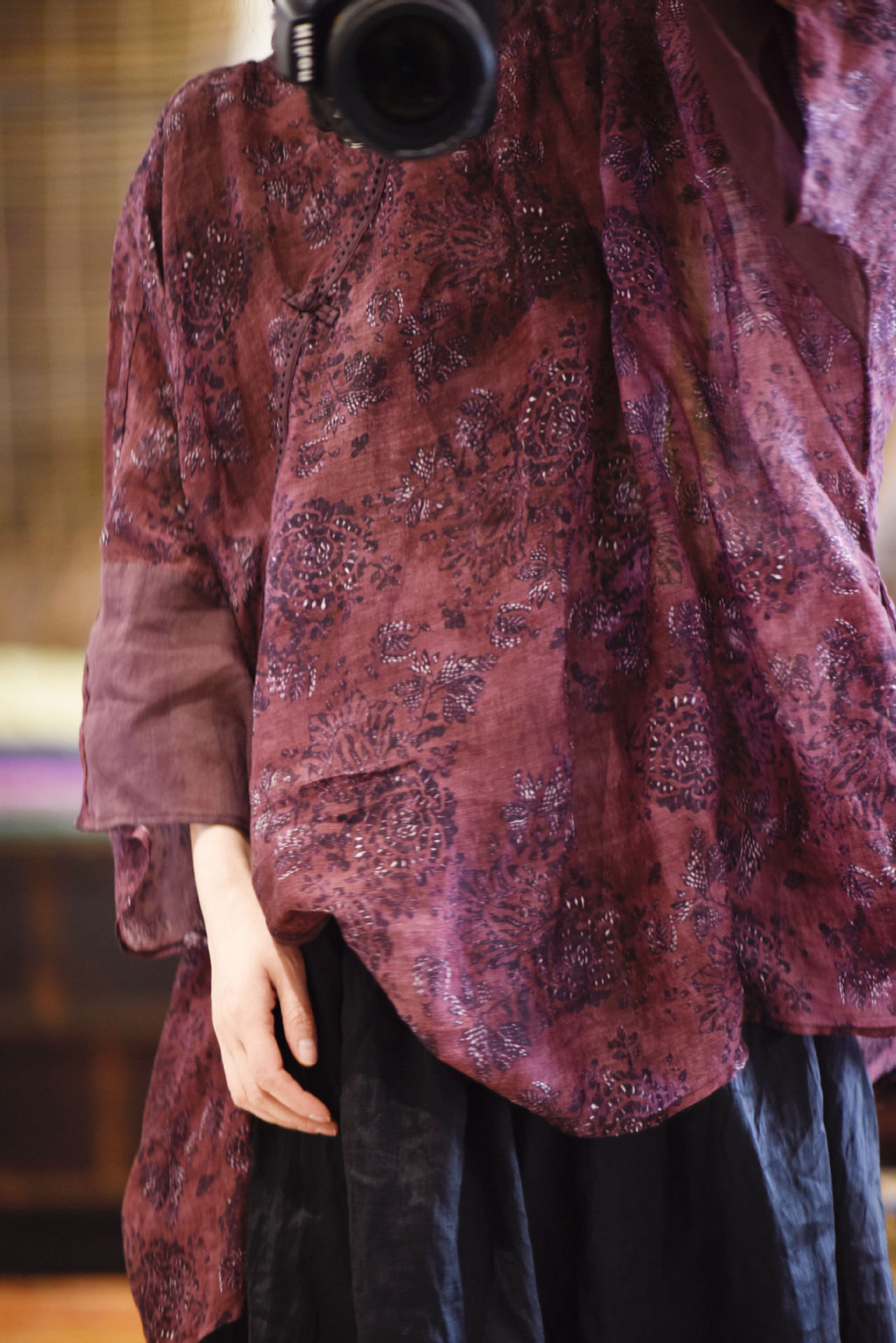 春夏复古中式立领斜襟盘扣印花中长款天丝苎麻衫宽松套头女九分袖