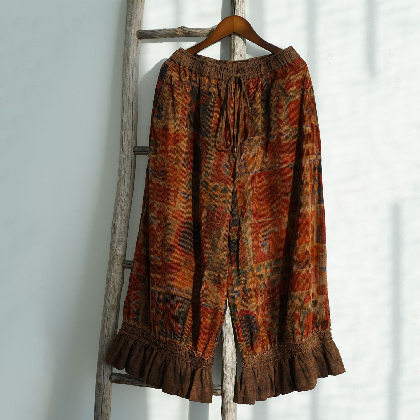 原创复古几何印花民族风荷叶边灯芯绒裤纯棉双层休闲松紧腰九分裤