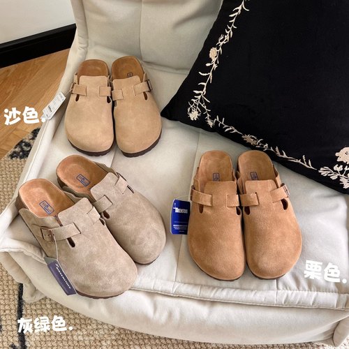 真皮勃肯鞋半拖新款拖鞋女博肯软木底复古搭扣圆头厚底包头拖外穿