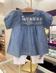 100-150韩版童装夏女童宝洋气泡泡袖刺绣花软牛仔上衣打底裤套装