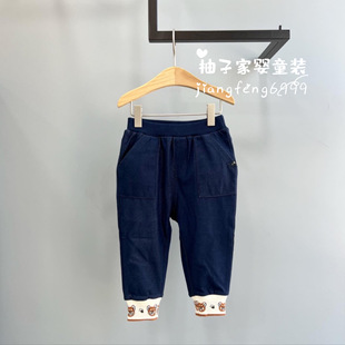 90-130码韩版童装春秋男女童卡通小熊螺纹舒适松紧腰仿牛仔长裤子