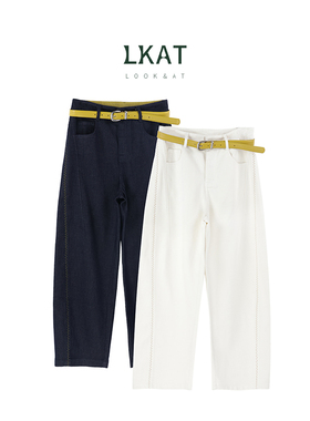 LKAT260107花式拼缝带腰带弯刀裤牛仔裤